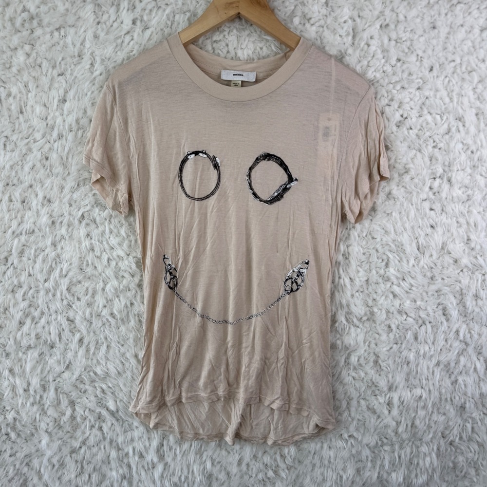 Diesel‎ T-Sully-B Tamara Santibanez Graphic T-Shirt Beige Size M Smiley Grunge